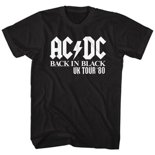 AC/DC - Back In Black U.K. Tour '80 Logo Black Adult Short Sleeve T-Shirt tee - Coastline Mall