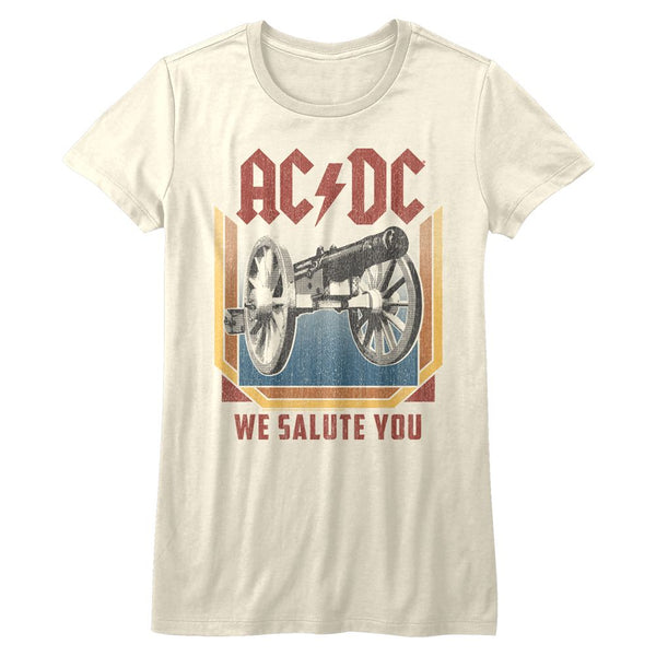 AC/DC Salute Vintage White Ladies Bella Short Sleeve T-Shirt tee  - Coastline Mall