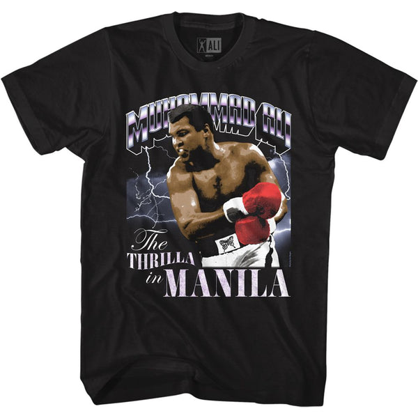 Muhammad Ali - Thrilla & Lightning Logo Black Adult Short Sleeve T-Shirt tee - Coastline Mall