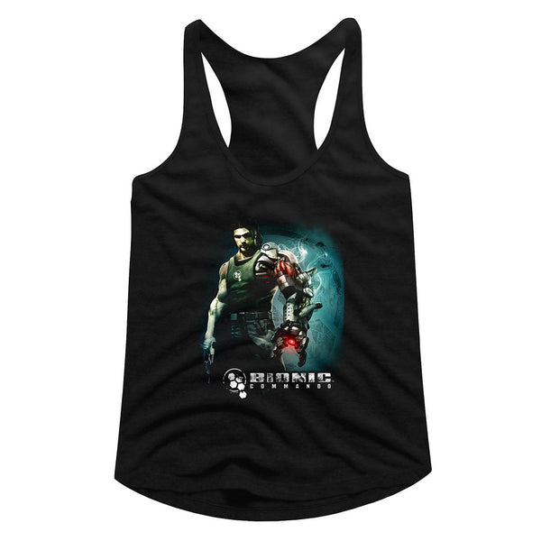 Bionic Commando-Steam Arm-Black Ladies Racerback - Coastline Mall