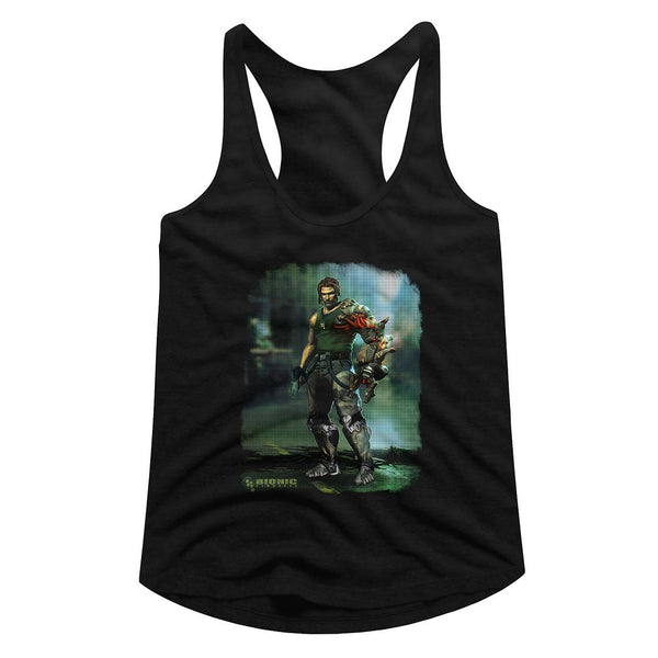 Bionic Commando-Damaged Road-Black Ladies Racerback - Coastline Mall