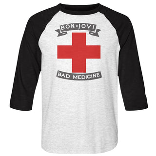 Bon Jovi Badmed Logo White Heather/Vintage Black 3/4 Sleeve Baseball Jersey T-Shirt tee - Coastline Mall
