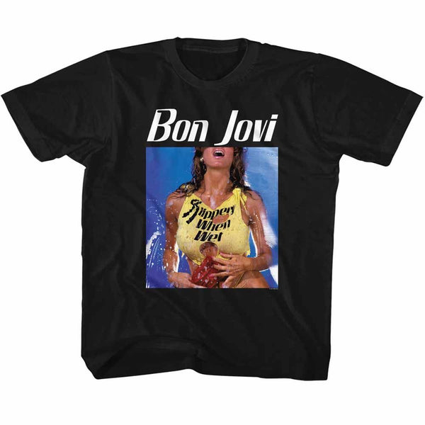Bon Jovi Bon Slippery Logo Black Adult Short Sleeve T-Shirt tee - Coastline Mall