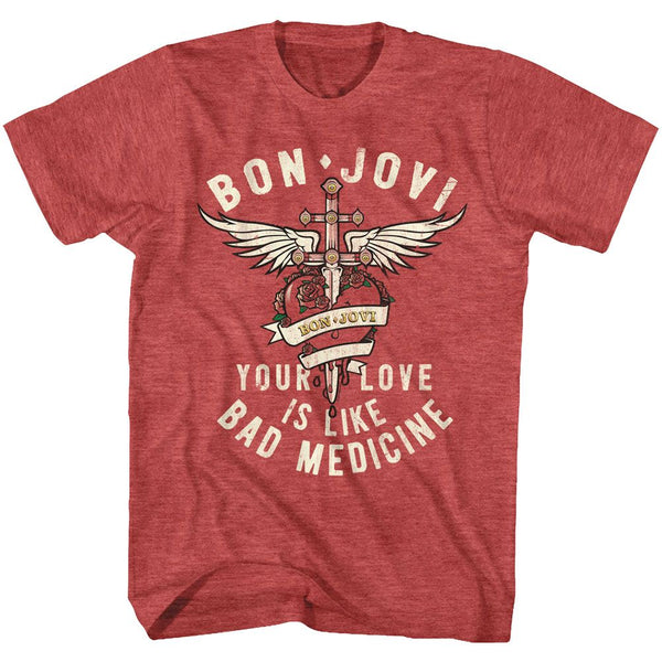 Bon Jovi - Bad Medicine Logo Red Heather Adult Short Sleeve T-Shirt Officially Licensed - Coastline Mall
