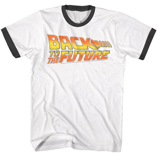 Back To The Future-Worn Logo-White/Black Adult S/S Ringer Tshirt - Coastline Mall