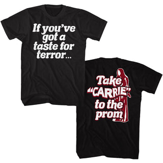 Carrie-Take Carrie To Prom-Black Adult S/S Front-Back Print Tshirt - Coastline Mall