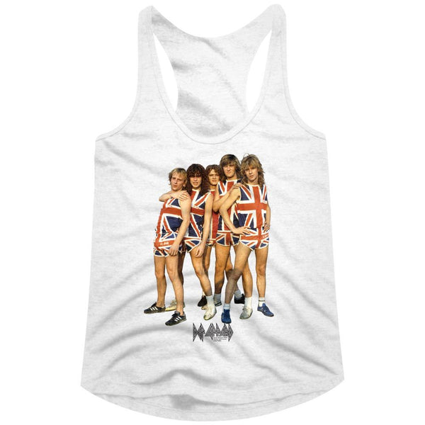 Def Leppard-Short Shorts-White Ladies Racerback - Coastline Mall