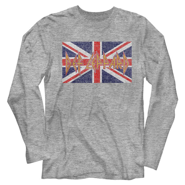 Def Leppard - Def Leppard Uk Flag Logo Gray Heather Long Sleeve Adult T-Shirt tee - Coastline Mall