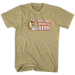 Hagar The Horrible-Buy This Man A Beer-Khaki Heather Adult S/S Tshirt - Coastline Mall
