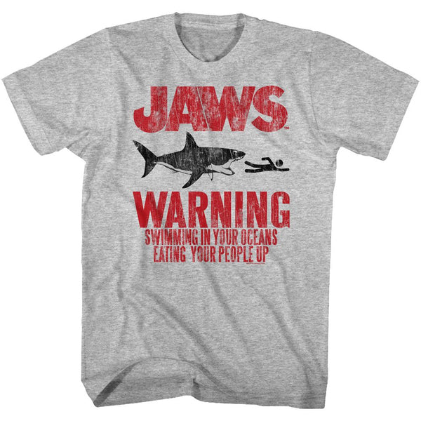 Jaws-Warning-Gray Heather Adult S/S Tshirt - Coastline Mall