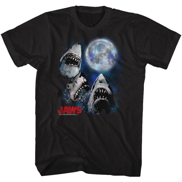 Jaws-Three Shark Moon-Black Adult S/S Tshirt - Coastline Mall