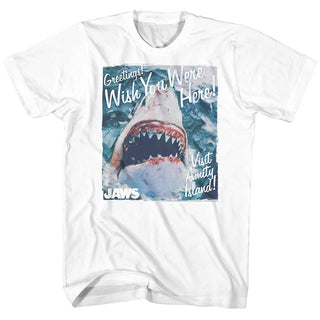 Jaws-Greetings-White Adult S/S Tshirt - Coastline Mall