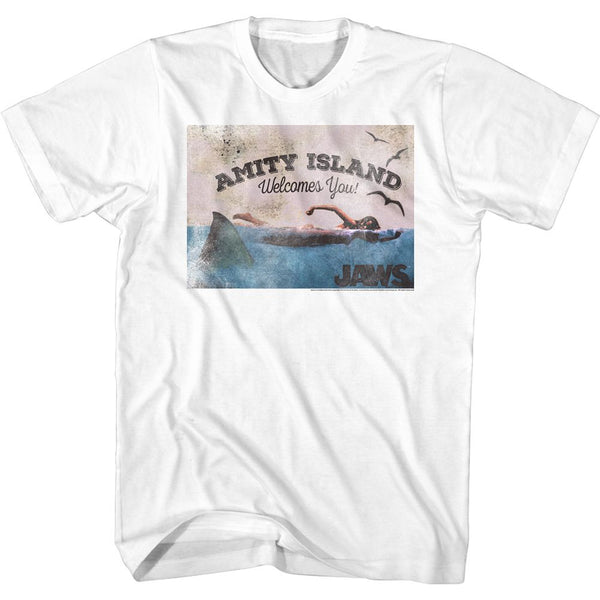 Jaws-Welcome-White Adult S/S Tshirt - Coastline Mall