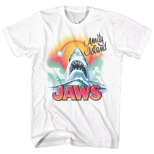 Jaws-Beachy Airbush-White Adult S/S Tshirt - Coastline Mall