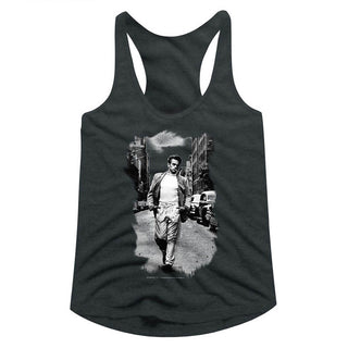 James Dean-Street Walk B&W-Dark Gray Heather Ladies Racerback - Coastline Mall