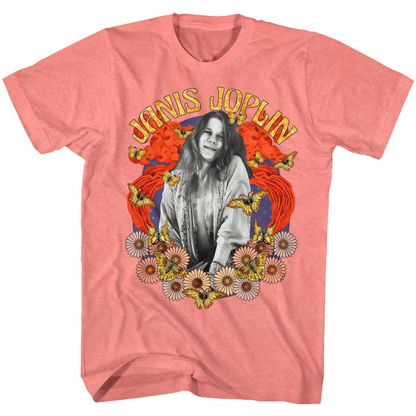 Janis Joplin - Vintage Collage Logo Coral Silk Heather Adult Short Sleeve T-Shirt tee - Coastline Mall