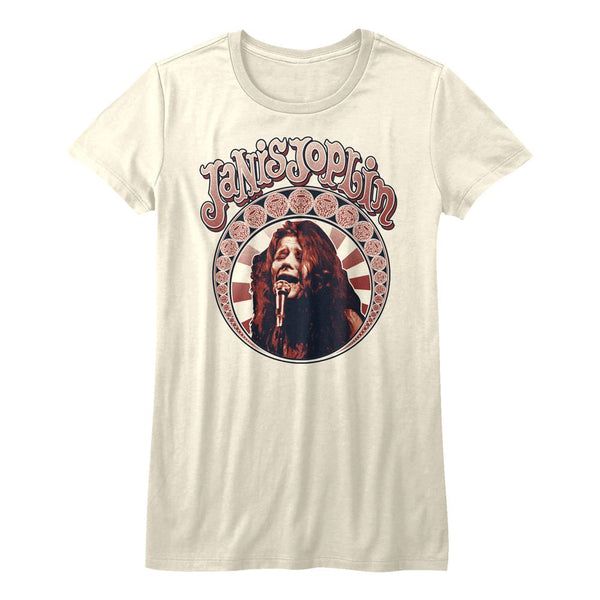 Janis Joplin - Nouveau Circle Logo Vintage White Ladies Bella Short Sleeve T-Shirt tee - Coastline Mall