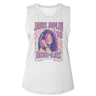 Janis Joplin - Kozmic Blues | White Ladies Slub Sleeveless Crew Neck T-Shirt - Coastline Mall