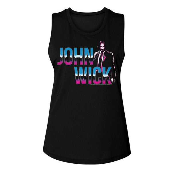 John Wick-John Wick Neon Chrome Logo-Black Ladies Muscle Tank