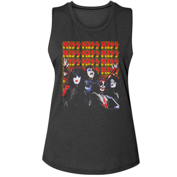 Kiss - Lots Of Logos | Charcoal Ladies Muscle Tank Top | Clothing, Shoes & Accessories:Women's Clothing:T-Shirts - Coastline Mall