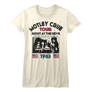 Motley Crue -Shout At the Devil Tour 83 Logo Vintage White Short Sleeve Ladies T-Shirt tee - Coastline Mall
