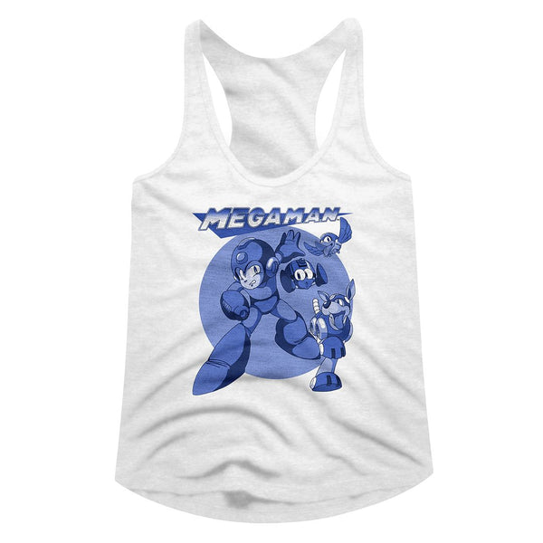 Mega Man-Megablues-White Ladies Racerback - Coastline Mall