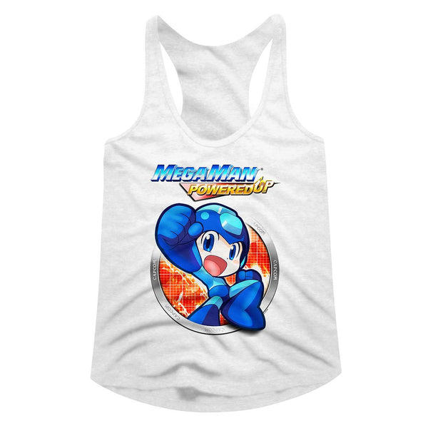 Mega Man-Powered Up-White Ladies Racerback - Coastline Mall