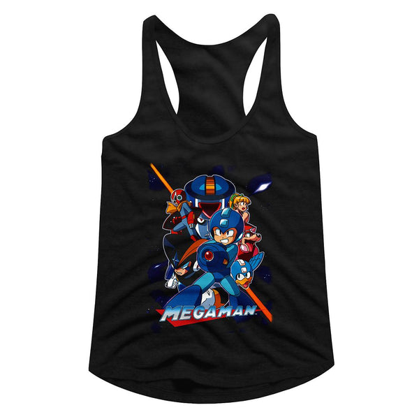 Mega Man-Collage Orange Beam-Black Ladies Racerback - Coastline Mall
