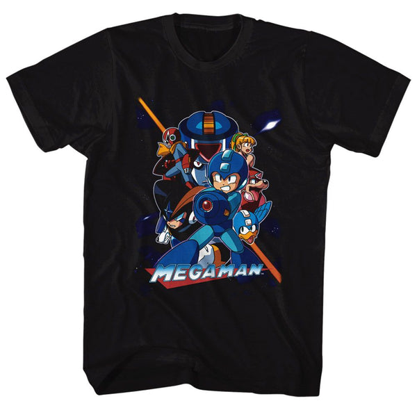 Mega Man-Collage Orange Beam-Black Adult S/S Tshirt - Coastline Mall