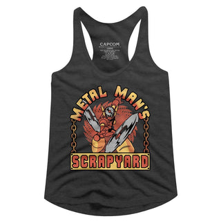 Mega Man-Scrapyard Sign-Dark Gray Heather Ladies Racerback - Coastline Mall