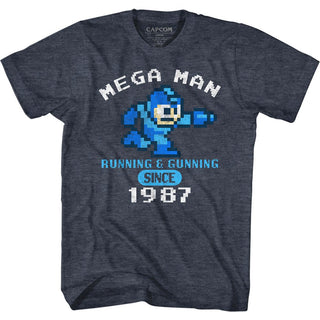 Mega Man-Run&Gun 1987-Navy Heather Adult S/S Tshirt - Coastline Mall