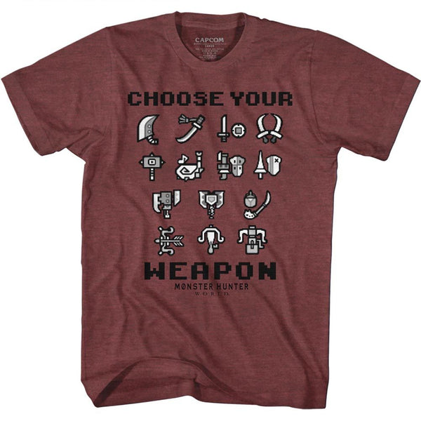 Monster Hunter - Choose Your Weapon Logo Vintage Maroon Heather Short Sleeve Adult T-Shirt tee - Coastline Mall