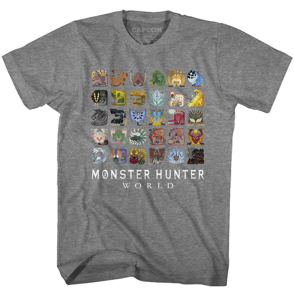 Monster Hunter - M.H.W. Icons Logo Graphite Heather Adult Short Sleeve T-Shirt tee - Coastline Mall
