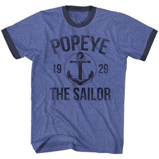 Popeye-Anchor-Blue Heather/Navy Adult S/S Ringer Tshirt - Coastline Mall