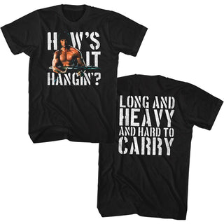 Rambo-How's It Hangin'?-Black Adult S/S Front-Back Print Tshirt - Coastline Mall