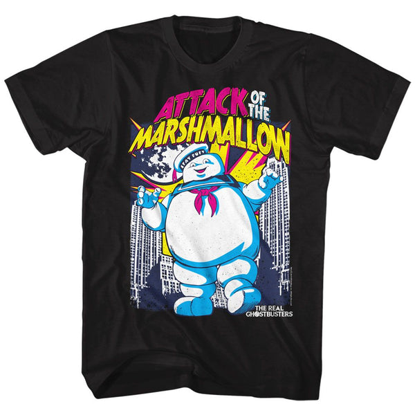 The Real Ghostbusters-Marshmallow Attacks-Black Adult S/S Tshirt - Coastline Mall