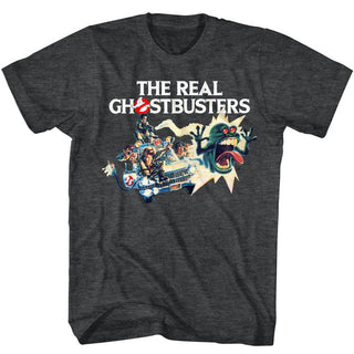 The Real Ghostbusters-Car Chase-Black Heather Adult S/S Tshirt - Coastline Mall