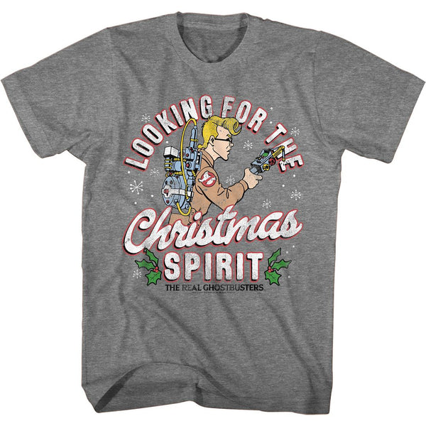 The Real Ghostbusters - Christmas Spirit Logo Graphite Heather Short Sleeve Adult T-Shirt tee - Coastline Mall