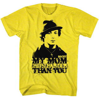 Rocky-My Mom Hits Harder-Yellow Adult S/S Tshirt - Coastline Mall