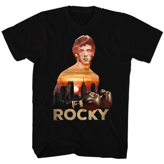 Rocky-Sunset Over Philly-Black Adult S/S Tshirt - Coastline Mall