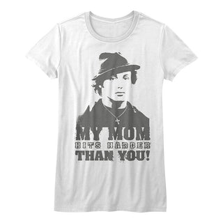 Rocky-My Mom Hits Harder-White Ladies S/S Tshirt - Coastline Mall