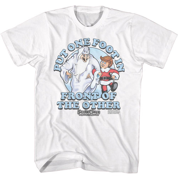 Santa Claus Is Coming To Town-Santa Claus One Foot In Front-White Adult S/S Tshirt