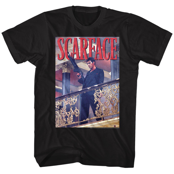 Scarface-Railing Shot-Black Adult S/S Tshirt - Coastline Mall