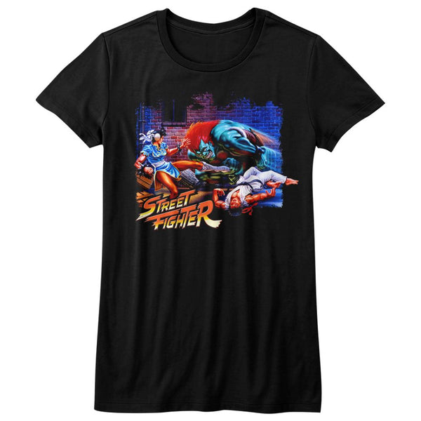 Street Fighter-Alley Fight-Black Ladies S/S Tshirt - Coastline Mall