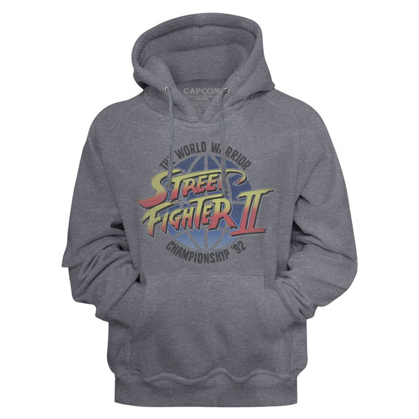 Street Fighter - World Warrior Logo Gunmetal Heather Adult Long Sleeve Pullover Hoodie - Coastline Mall