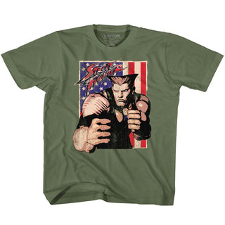 Street Fighter-Guile With Flag-Military Green Toddler-Youth S/S Tshirt - Coastline Mall