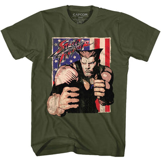 Street Fighter-Guile With Flag-Military Green Adult S/S Tshirt - Coastline Mall