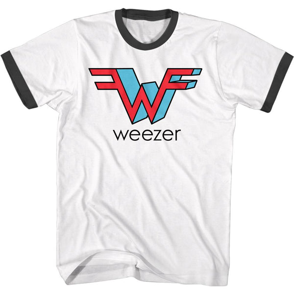 Weezer 3D W Logo White and Black Adult Short Sleeve Ringer T-Shirt tee - Coastline Mall