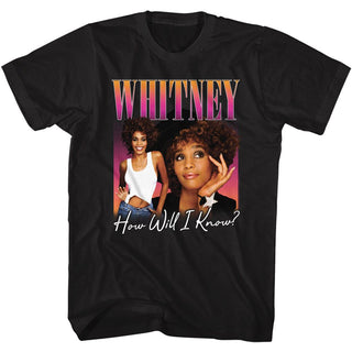 Whitney Houston - How Will I logo Black Short Sleeve Adult T-Shirt Officially Licensed Clothing and Apparel from Coastline Mall.