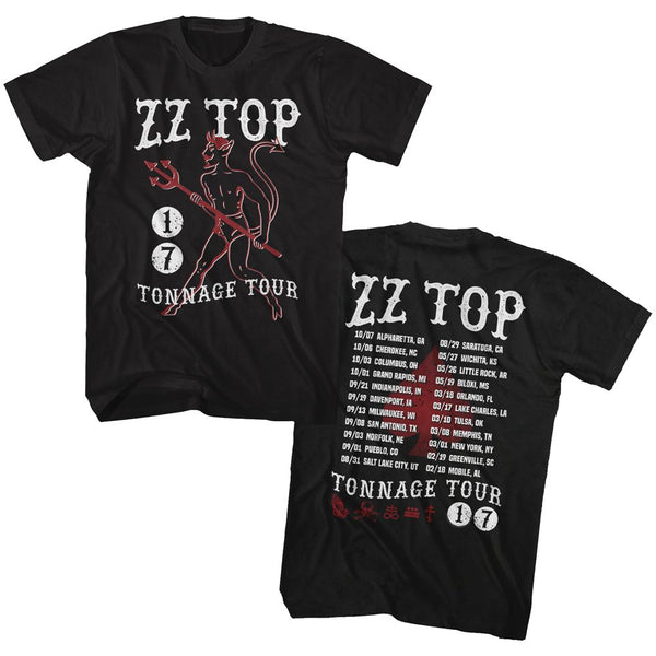 ZZ Top-Tonnage Tour 17-Black Adult S/S Front-Back Print Tshirt - Coastline Mall